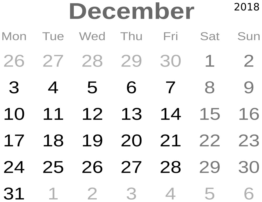 calendar December 2018
