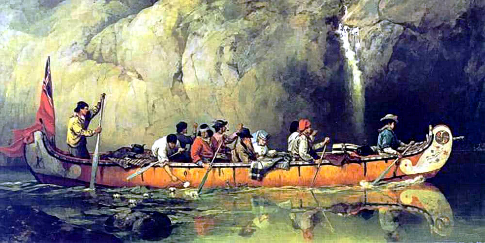 Voyageurs on freight canoe