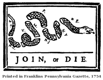join or die printed in Franklins Pennsylvania Gazette 1754