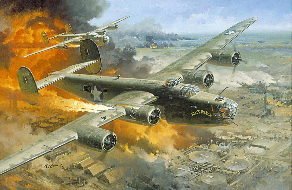 damaged B-24 on bombing run 1943