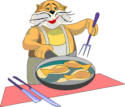 cat chef cooking fish