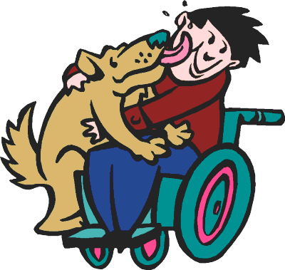 dog with happy boy in wheelchair