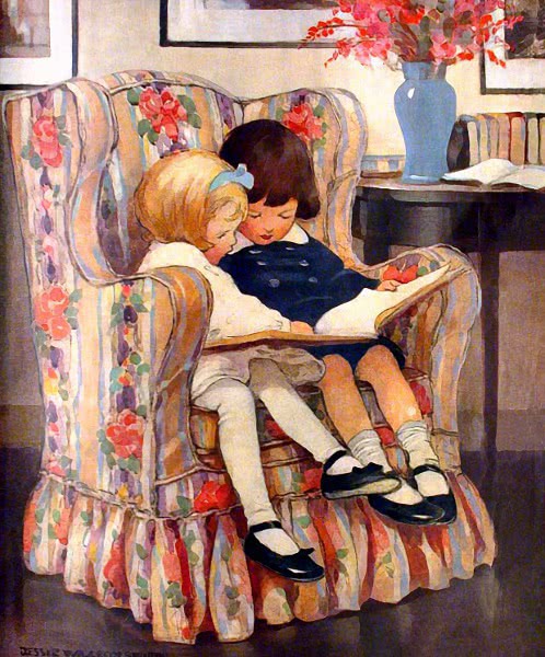 brother and sister sharing a book