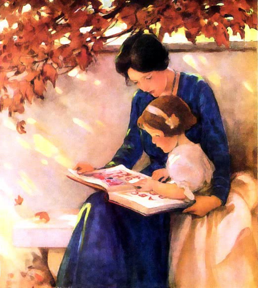 mother reading to daughter outdoors