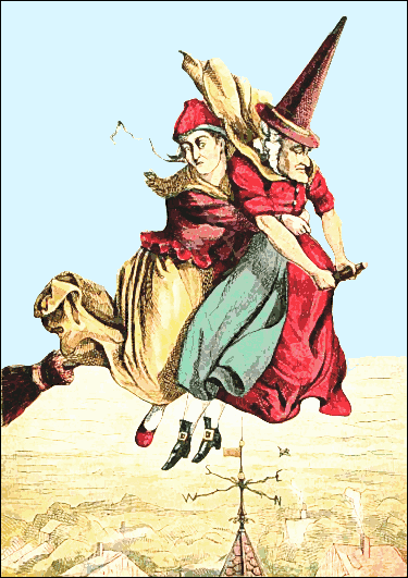 old witch with passenger on broom