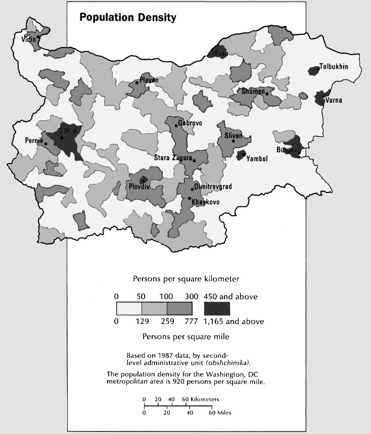 Bulgaria population density 1990