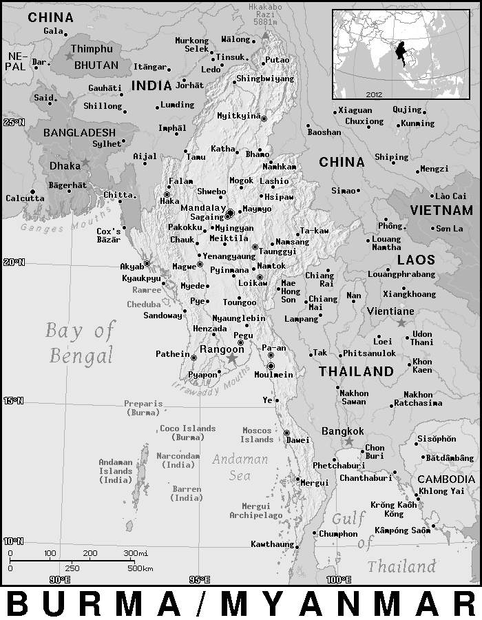 Burma  aka Myanmar detailed BW