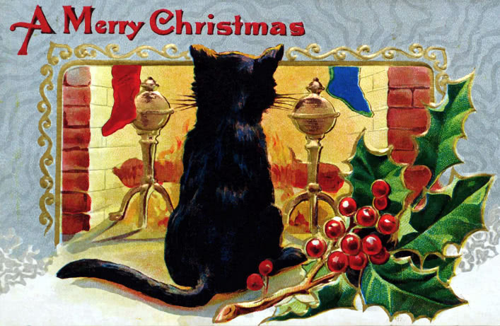 merry Christmas cat in front of fireplace 1910