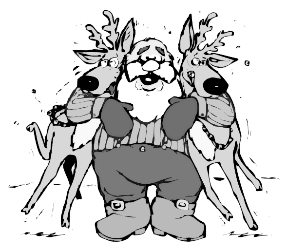 Santa hugging reindeer BW