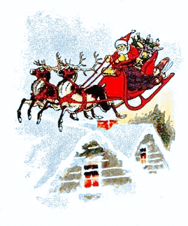 Santa on sleigh above rooftop