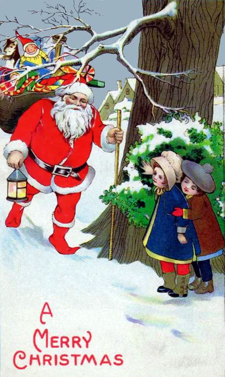 Santa walking kids hiding 1920