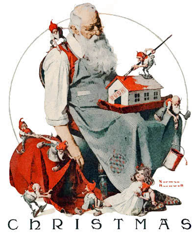 tired Santa with Elves  Rockwell 1922
