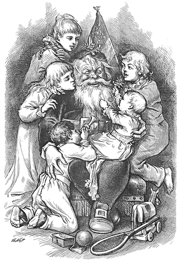 Santa among children BW