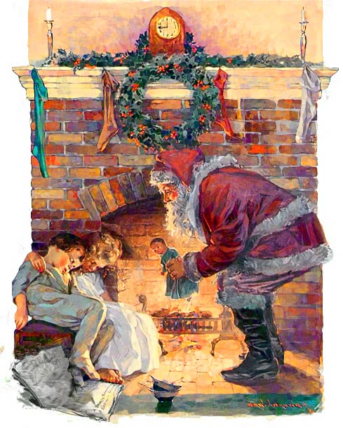 Santa w Boy and Girl Asleep 1921