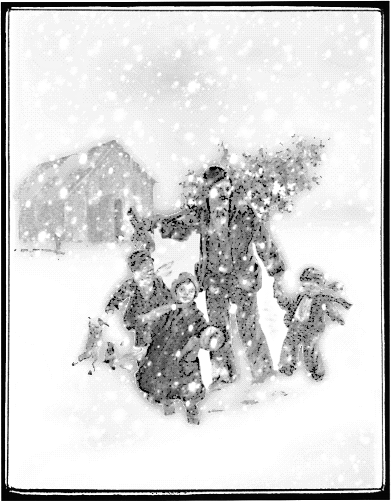 Dad and kids bringing home the Christmas tree framed