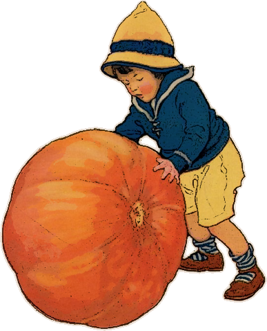 child rolling pumpkin