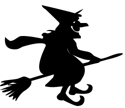 grinning witch on broomstick