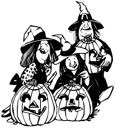 witch family carving pumpkins BW