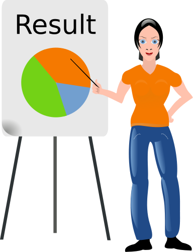 presentation woman pointing to results chart