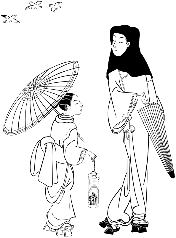 Oriental woman and girl BW