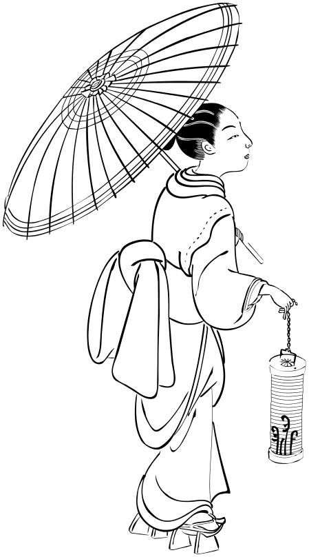 oriental girl w lantern BW