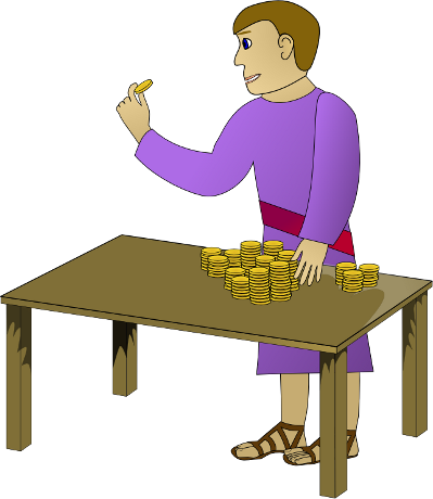 man in sandals cointing gold coins