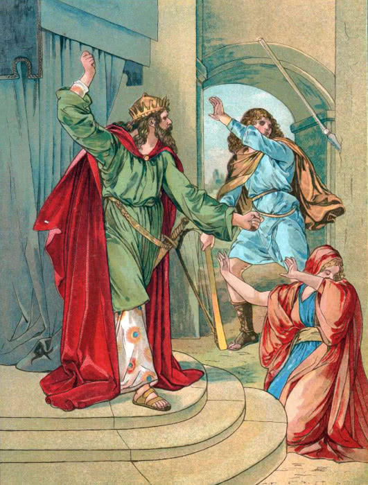 Saul throws spear at David