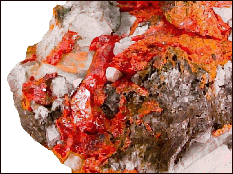 Realgar  pinacoids and prisms with Calcite