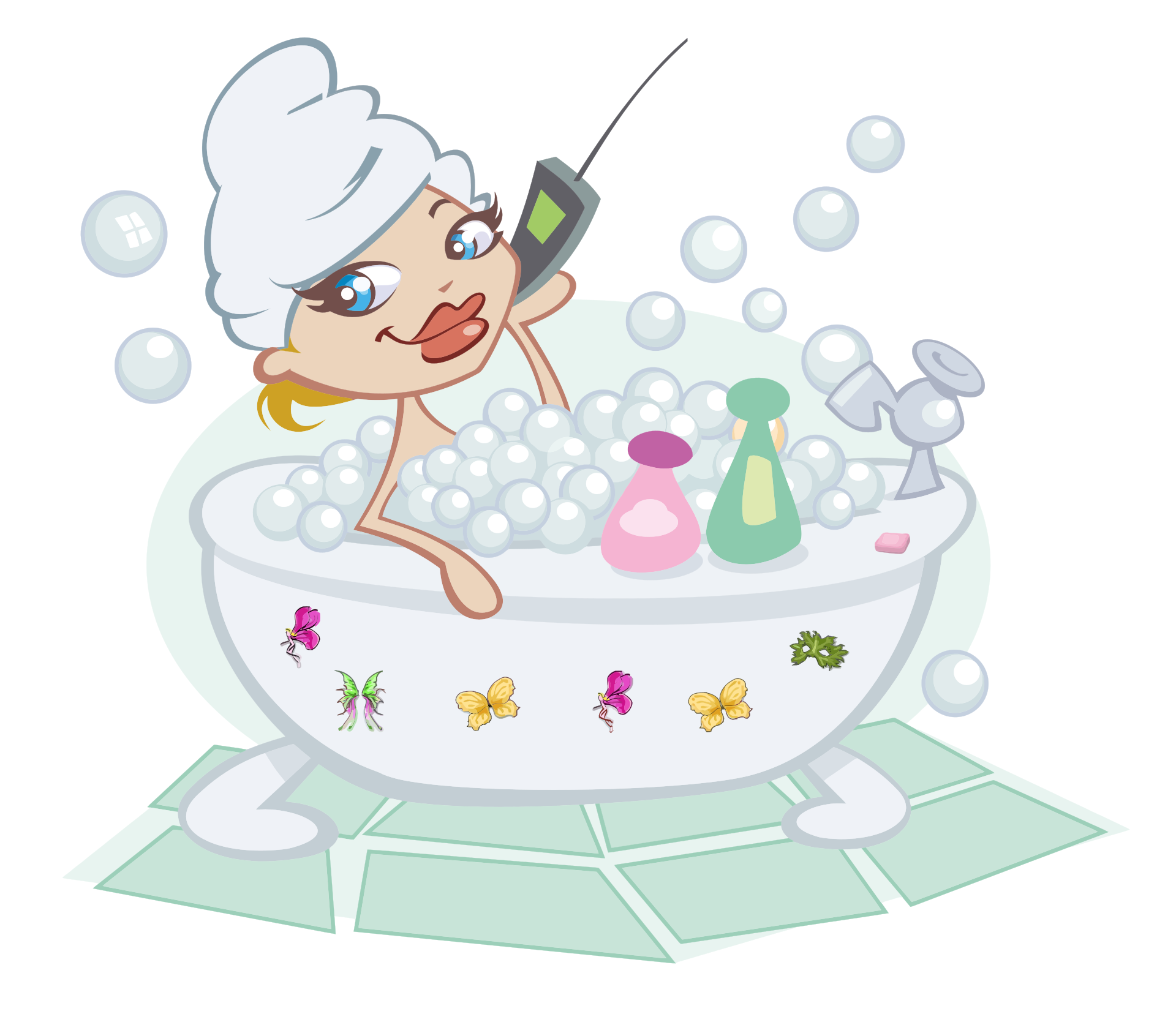 Woman on phone in Bubble Bath