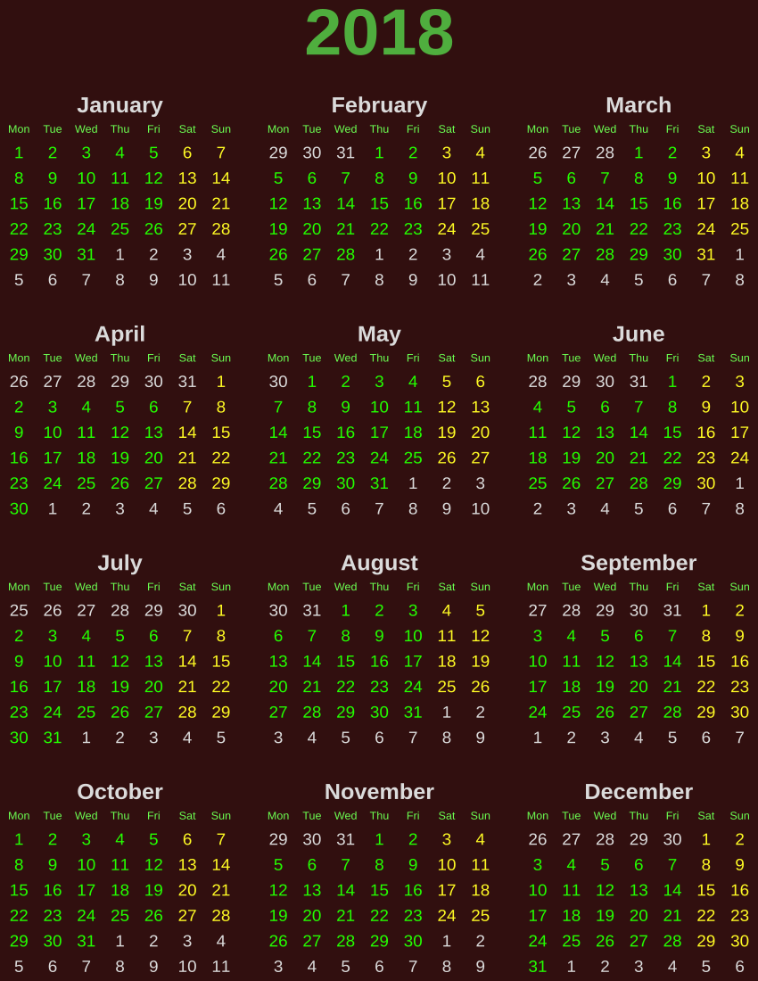 calendar 2018 vertical dark