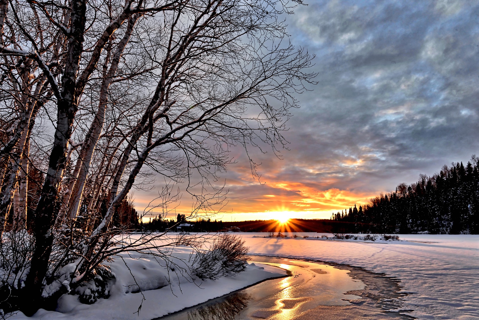 winter stream sunset